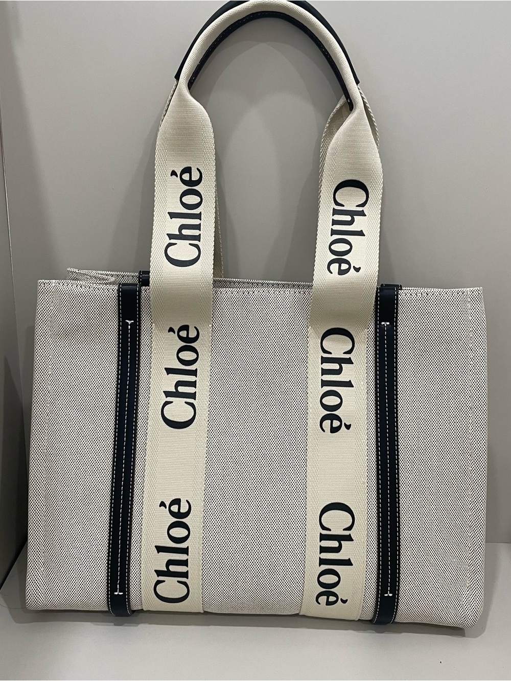 Chloé Ivory Canvas Logo Tote with Navy Trim